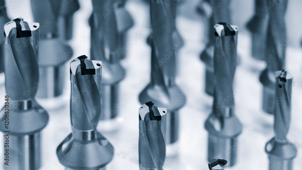 Poster A row of metal milling cutters with a blue tint. The tools are arranged in a line and appear to be the same size.