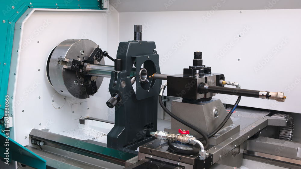 Poster a cnc machine is being used to cut a piece of metal. the machine is black and silver.