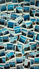 Obraz premium Pile of polaroid photo prints with natural landscape view images in background and wallpaper 