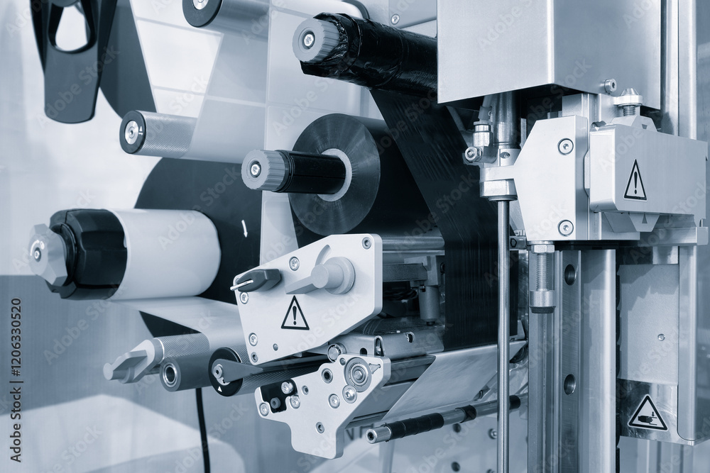 Poster fragment of the conveyor of sticking labeling machine. abstract industrial background.