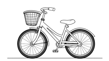 a black-and-white outline illustration of a children's bicycle with a basket on the front