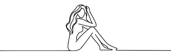 Minimalist one-line art of a beautiful woman sitting gracefully, created in a monochrome style. Elegant and simple design, ideal for beauty, wellness, and modern art themes