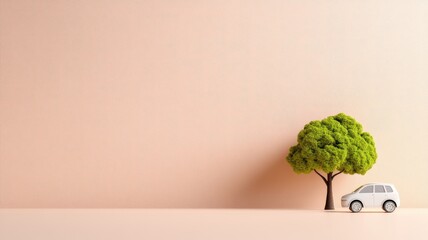 Miniature white SUV car next to small green tree on pale background
