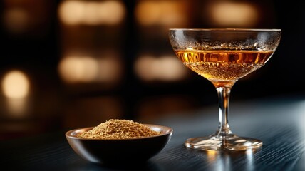 Fototapeta premium Elegant golden drink in champagne glass with bowl of brown sugar Warm bokeh background