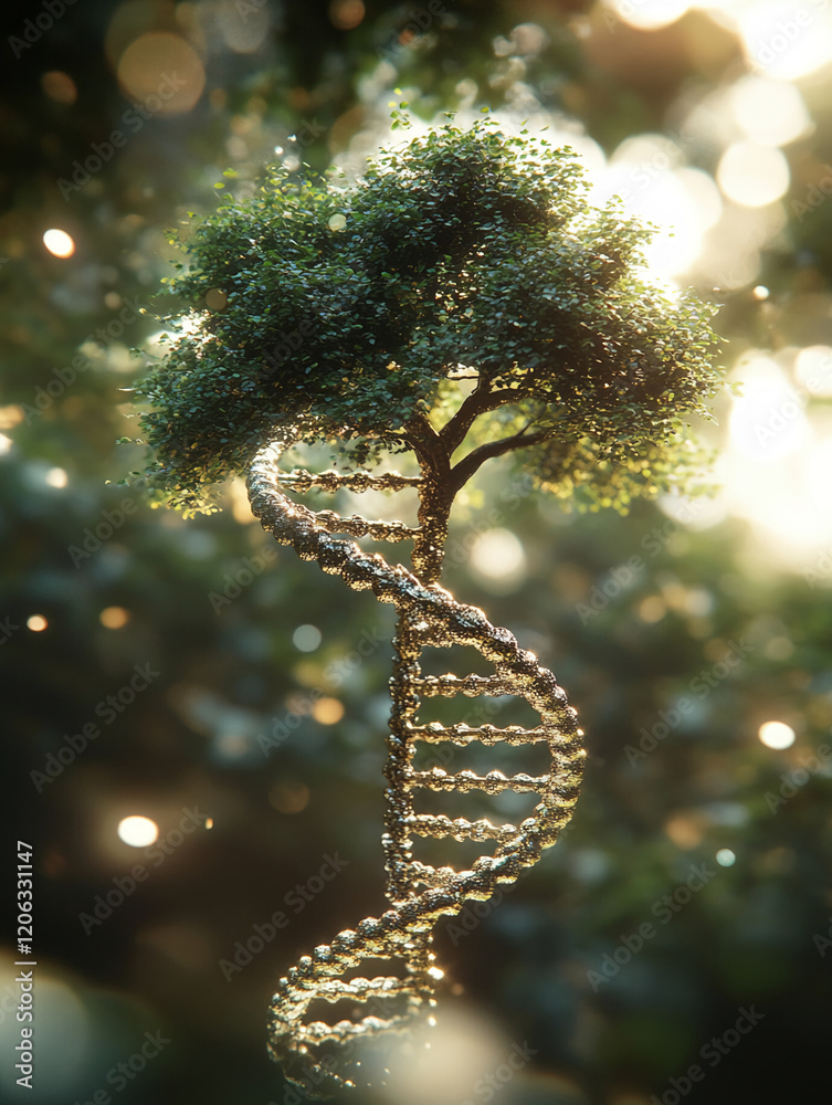 Poster Tree with DNA spiral representation symbolizes the connection between nature and genetics in a serene setting