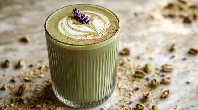 Aromatic green latte with pistachio and lavender. Perfect for a relaxing moment.