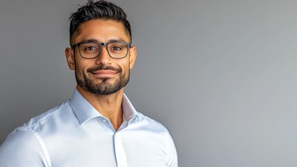 Confident Hispanic man with glasses and short hair smiling