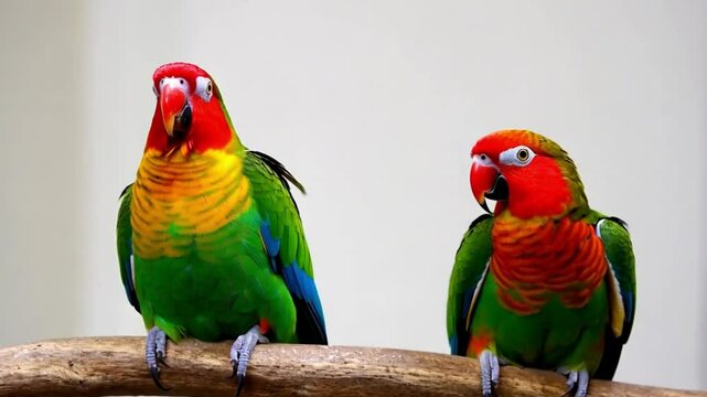 Two wavy parrots on a stick on a white background