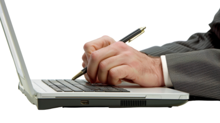 Hands writing on laptop on transparent background