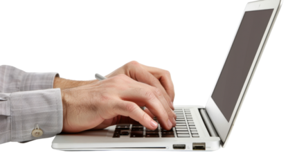 Hands writing on laptop on transparent background