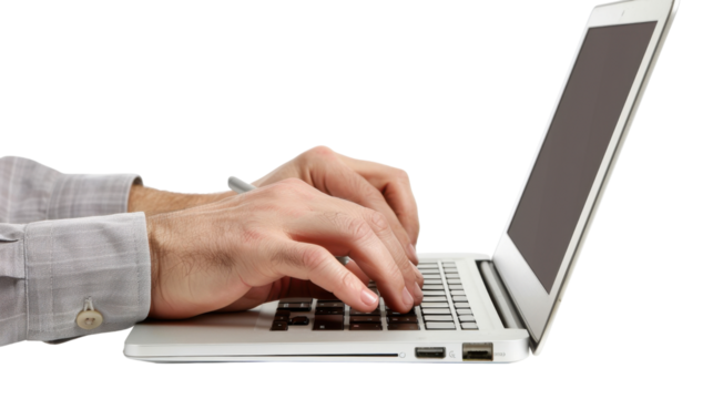 Hands writing on laptop on transparent background