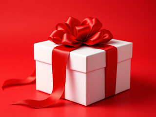 Obraz premium White gift box with a red ribbon on a red background.