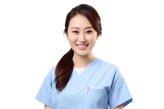 Smiling Asian Nurse in Professional Uniform with Stethoscope, Friendly and Caring Healthcare Worker, Transparent Background, Ideal for Medical, Healthcare, and Wellness Concepts. PNG. cut out.