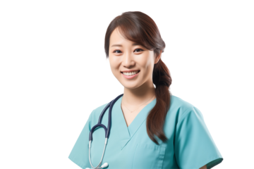 Smiling Asian Nurse in Professional Uniform with Stethoscope, Friendly and Caring Healthcare Worker, Transparent Background, Ideal for Medical, Healthcare, and Wellness Concepts. PNG. cut out.