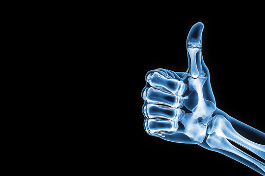 Blue X Ray of Hand Thumb Up on Black Background