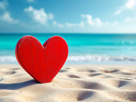 Red wooden heart on sandy beach