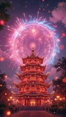 Obraz premium Festive Lunar New Year celebration with a vibrant temple and fireworks display