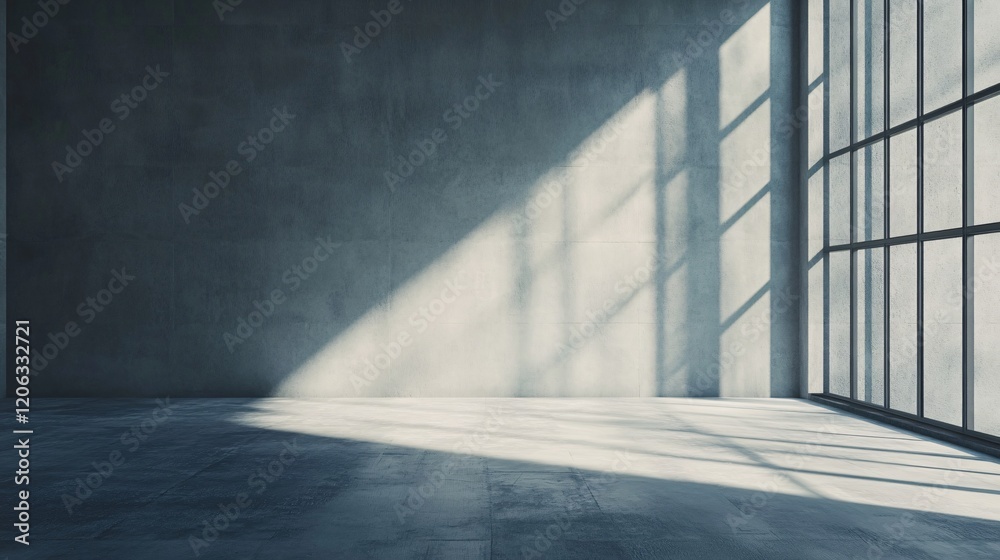 Poster sunlight illuminating empty industrial concrete room with large windows
