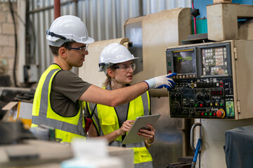 Engineers collaborating on machinery operation in an industrial workspace during the day