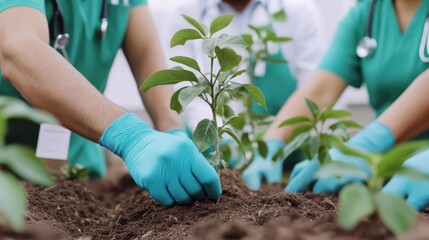 Doctors organizing community tree planting as part of a wellness program
