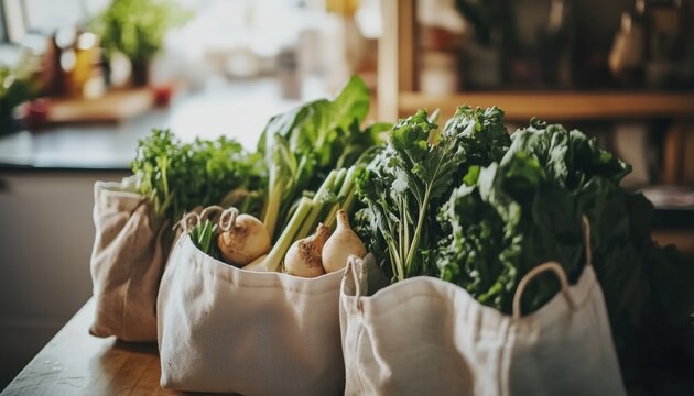 Embracing Zero Waste: Organic Vegetables Stored In Sustainable Cotton Bags On Kitchen Table, Pledge To Eliminate Plastic And Save The Environment