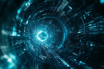 Abstract Digital Tunnel Technology Background Futuristic Data Stream Bright Neon Blue Glow Lines Speed Network Modern Design Graphic Art Illustration web code  
