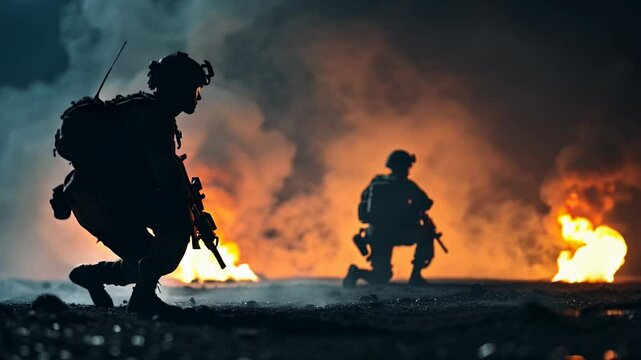 soldiers; silhouette; rifles; fire; flames; battlefield; war; combat; military; teamwork; danger; armed forces; chaos; warfare; survival; conflict; warzone; smoke; dramatic; night battle; bravery; res