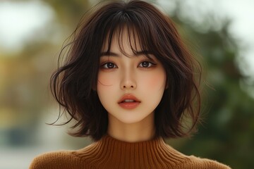 Fototapeta premium asian model with a bob haircut wearing a soft brown sweater against a solid background. Fashion photography featuring soft brown colors.