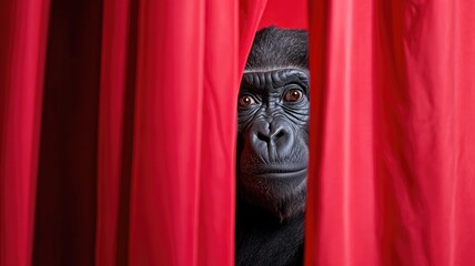 Gorilla peeking through red curtains with curious expression