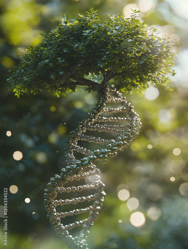 Poster Tree structure seamlessly blends with a DNA double helix in a vibrant natural setting during daylight hours