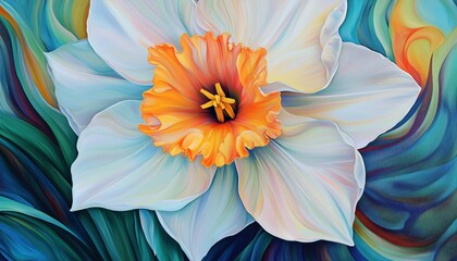 Obraz premium Blooming Beauty: Daffodil Flower Opening Up With The Sunrise, Embracing The Morning Light In A Spectacular Display Of Color.