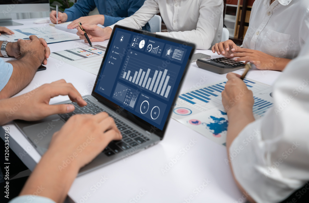 Fototapete analyst team uses bi fintech display laptop to analyze financial data . business people analyze bi s