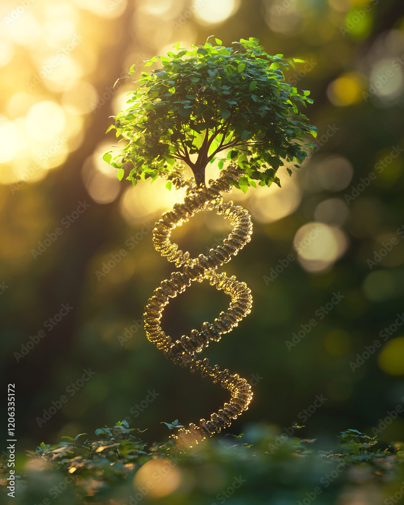 Poster Creative representation of a tree twisting around a DNA helix in a sunlit forest