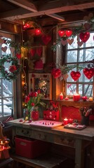 Obraz premium Cozy Valentine's Day decoration in a rustic cabin with warm candlelight and red hearts