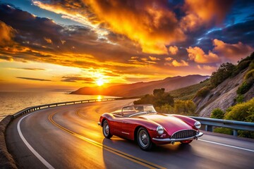 Panoramic View of a Classic Sports Car on a Scenic Coastal Highway