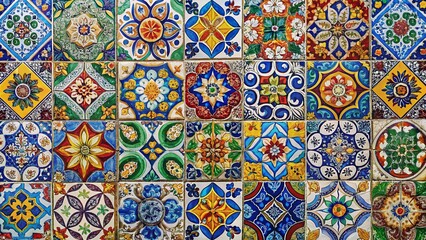 Panoramic View of Vibrant Mediterranean Tile Mosaic: Portuguese, Spanish, Italian Styles for Wallpaper & Design