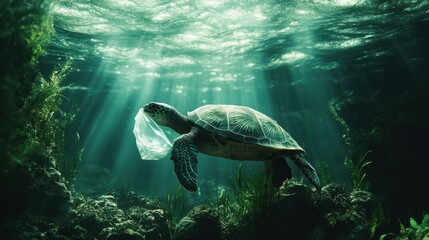 Obraz premium Underwater animal a turtle eating plastic bag, Water Environmental Pollution Problem