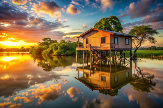 Pantanal Stilt House: Rio Paraguay River, Corumb&aacute;, Brazil - Stunning Sunset Landscape