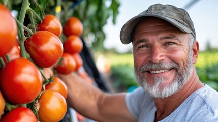 Happy old tomato grower shares joy of harvest in vibrant plantation setting