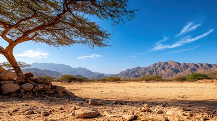 Giraffe gracefully roams through a vast desert landscape under bright skies