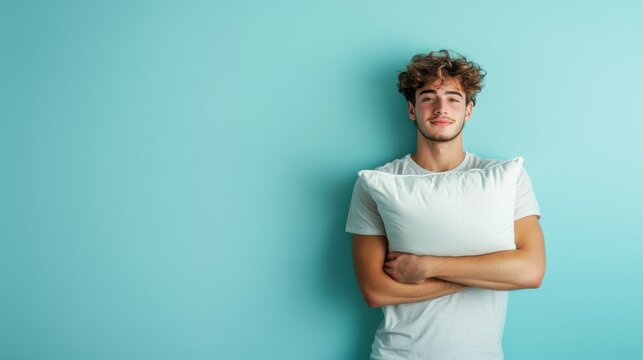 World Sleep Day with young smile woman holding soft pillow against light blue background. Copy space