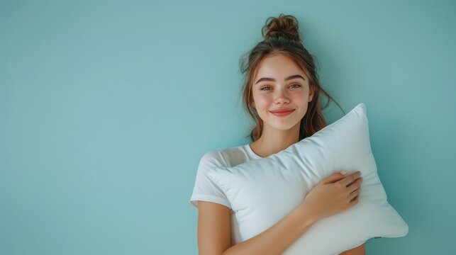 World Sleep Day with young smile woman holding soft pillow against light blue background. Copy space