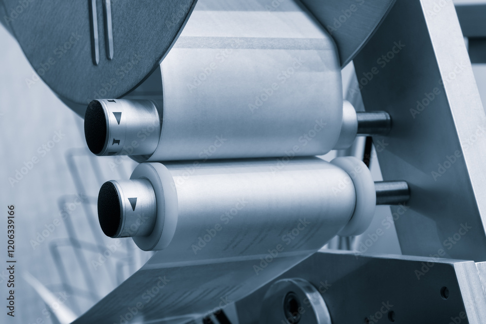 Poster fragment of the conveyor of sticking labeling machine. abstract industrial background.
