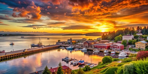Fototapeta premium Port Townsend Washington Scenic Coastal Landscape Photography - Stunning Sunrise Over Puget Sound