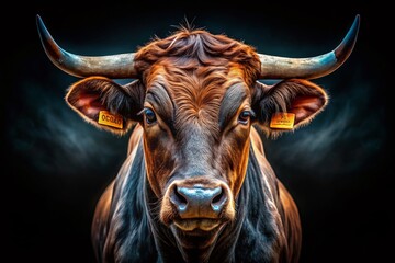 Naklejka premium Powerful Bull Head Silhouette, Dramatic Black Background Panoramic Stock Photo