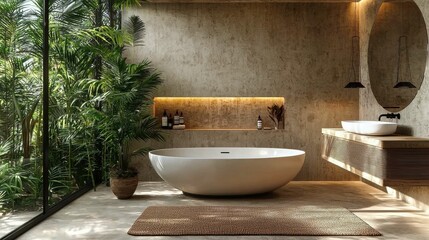 This image showcases a Japandi style bathroom featuring a sleek white bathtub, natural wood accents, and lush greenery for a cozy and functional space.