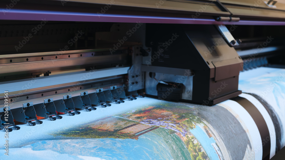 Poster a large printer is printing a picture of a beach scene. the image is colorful and lively, with a cle