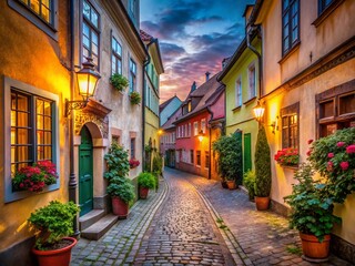 Fototapeta premium Prague Old Town Alleyway: Cobblestone Street, Historic Architecture, Czech Republic