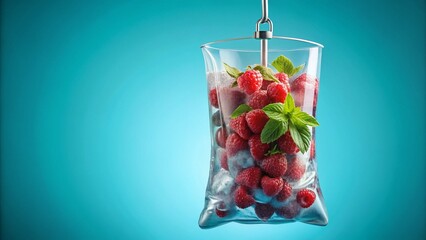 Quirky Raspberry Infusion: Panoramic Photo of IV Bag with Fresh Raspberries and Ice on Light Blue