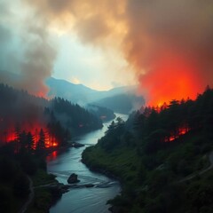 Fototapeta premium Forest Fire Jumping a River Art